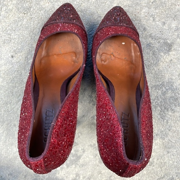 Schutz Fernanda Pump Rouge Red Dark Wine Glitter Sparkle Platform Stiletto 7 - Picture 10 of 15